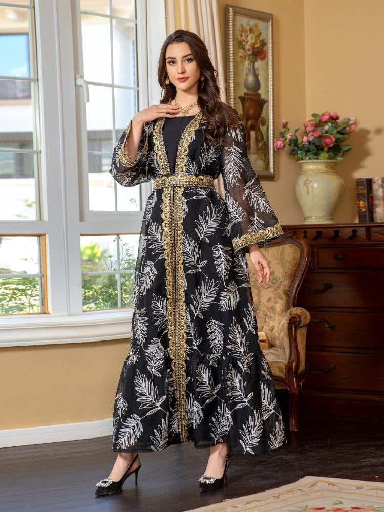 Arabische Dubai Galabia Muslimische Frauen setzt schwarze Ärmeln unter Kleid und goldene Klebeband Gürtel Stickpaine Kimono Abayas