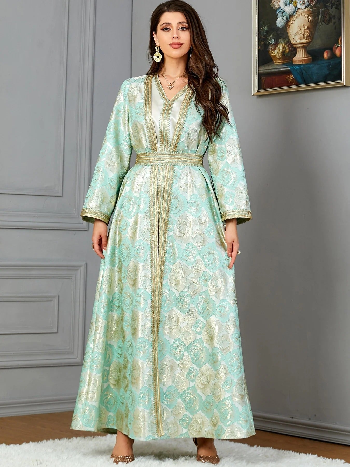 Muslim Arab Autumn Winter Fashion Long Sleeve V-Neck Jacquard Belted Set Moroccan African Gulf Women Kaftan Ramadan Eid