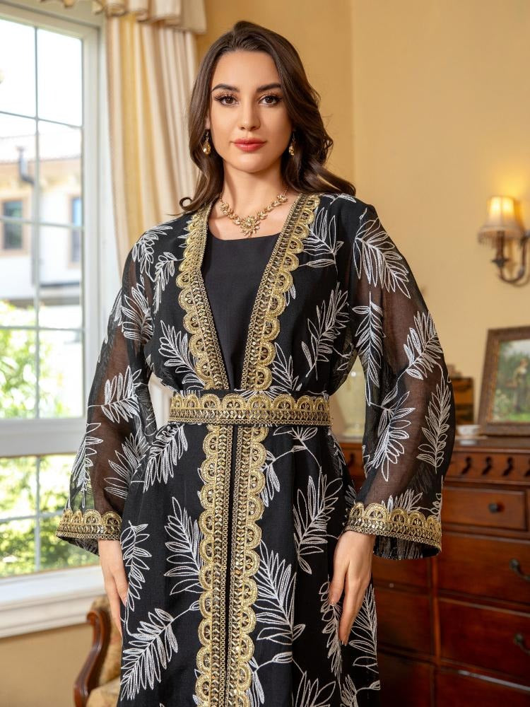 Arab Dubai Galabia Muslim Women Sets Black Sleeveless Under Dress And Gold Tape Belted Embroidery Sequins Kimono Abayas