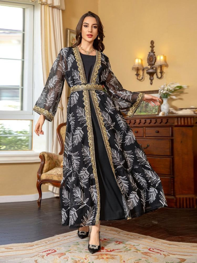 Arabische Dubai Galabia Muslimische Frauen setzt schwarze Ärmeln unter Kleid und goldene Klebeband Gürtel Stickpaine Kimono Abayas