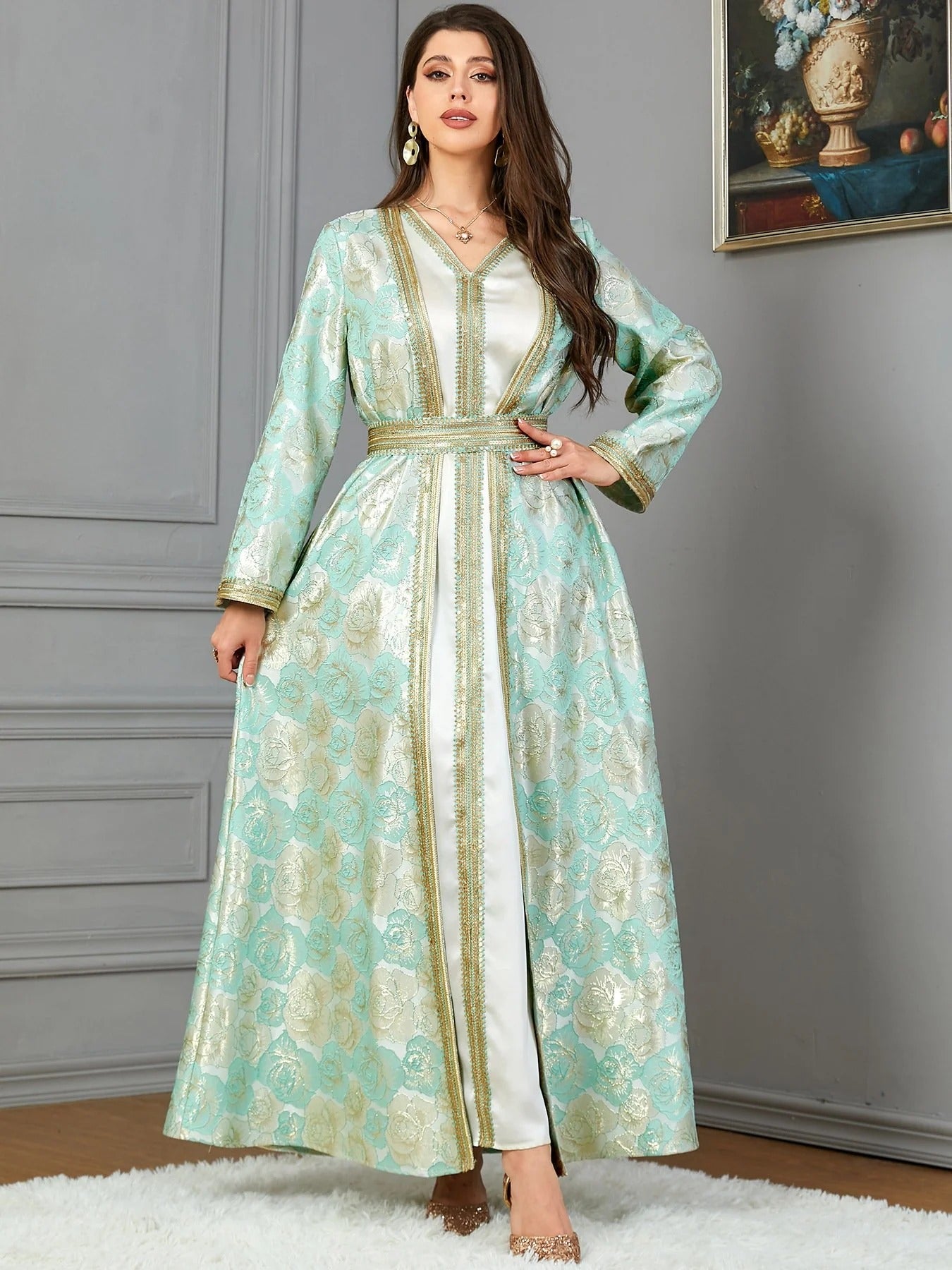 Muslim Arab Autumn Winter Fashion Long Sleeve V-Neck Jacquard Belted Set Moroccan African Gulf Women Kaftan Ramadan Eid