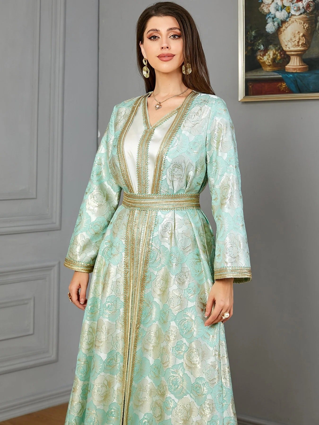 Muslim Autunno Autunno inverno inverno manica lunga a V-collo Jacquard Belted Set marocchino Africa Golf Donne Kaftan Ramadan Eid Eid