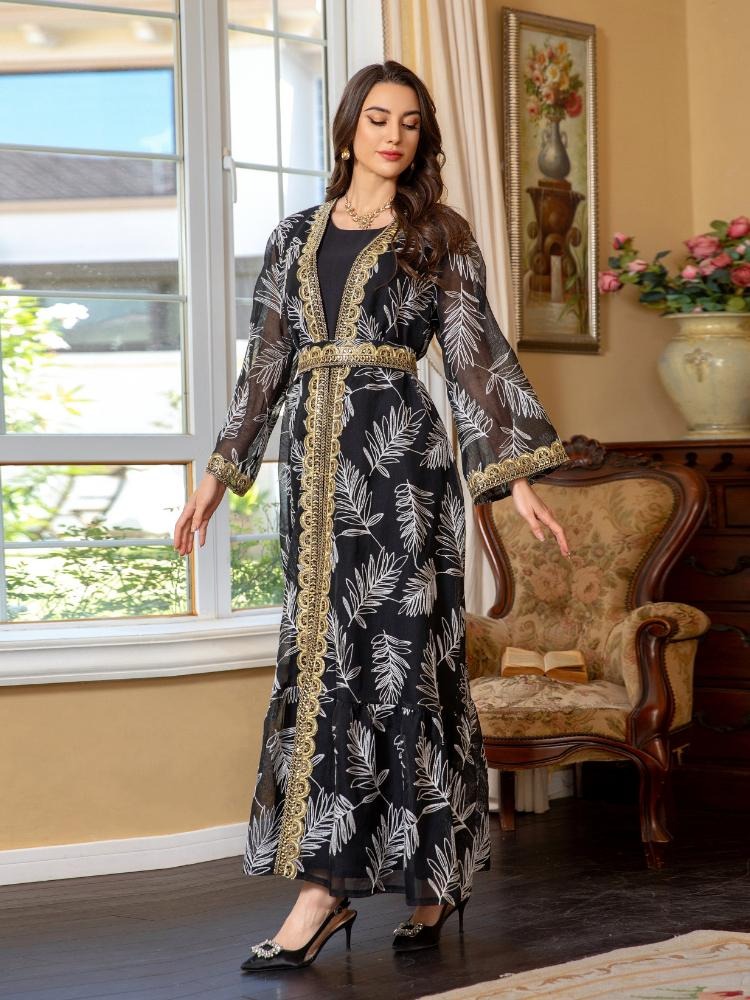 Arab Dubai Galabia Muslim Women Sets Black Sleeveless Under Dress And Gold Tape Belted Embroidery Sequins Kimono Abayas