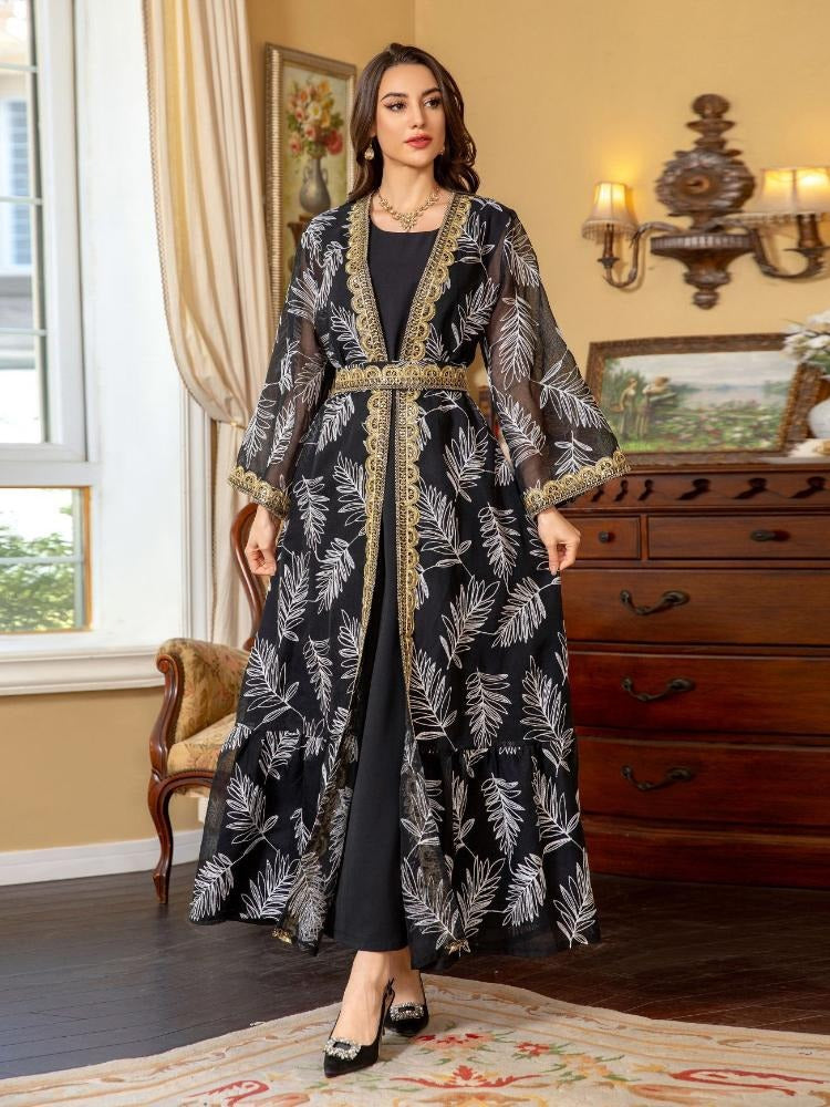 Arab Dubai Galabia Muslim Women Sets Black Sleeveless Under Dress And Gold Tape Belted Embroidery Sequins Kimono Abayas