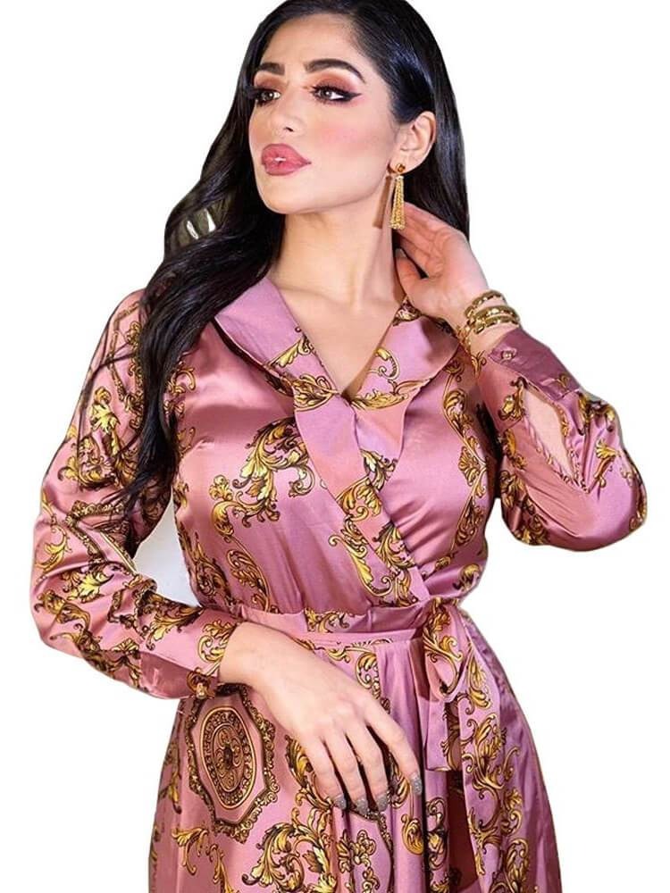 Vestidos Para Fiesta De Graduación Moda Estampado Fajas Con Cuello En V Manga Completa Elegante Casual Chic Étnico Ropa De Mujer De Turquía