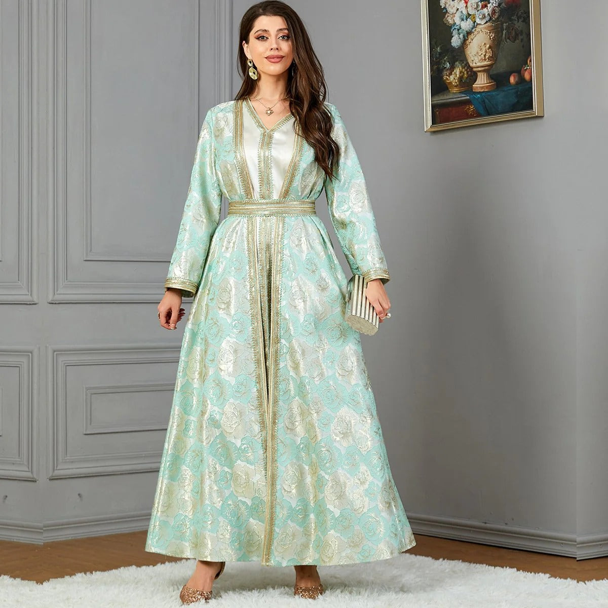 Muslim Autunno Autunno inverno inverno manica lunga a V-collo Jacquard Belted Set marocchino Africa Golf Donne Kaftan Ramadan Eid Eid