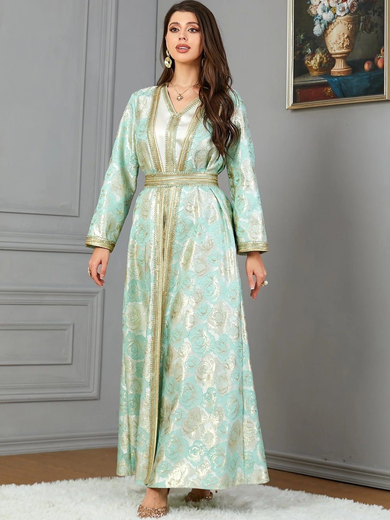 Muslim Arab Autumn Winter Fashion Long Sleeve V-Neck Jacquard Belted Set Moroccan African Gulf Women Kaftan Ramadan Eid