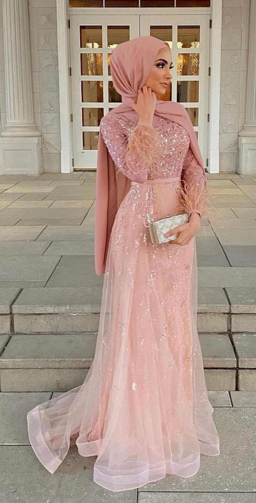 Muslim Pink Mermaid Evening Dresses for Women Long Sleeves Feathers Sequined Lace Hijab Soiree Formal Occasion Dress