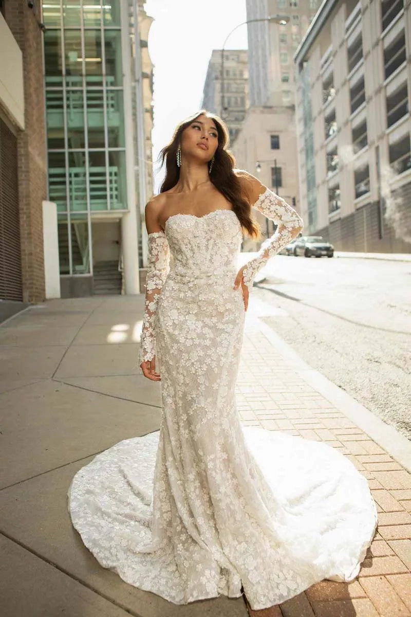 Robe De mariée sirène moderne sans bretelles, avec des Appliques De fleurs romantiques, grande taille, pour femmes 