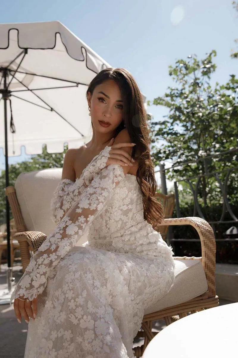 Abiti da sposa delle applicazioni di fiori romantici per donne senza spalline sirena moderna abito da sposa più size vestidos de nolia