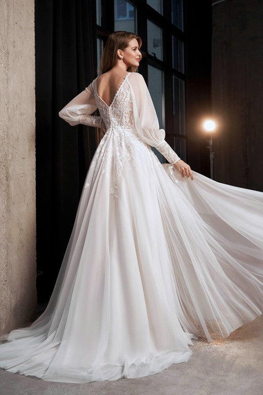 Long Puff Sleeve Tulle Wedding Dress Side Slit A-Line Floor Length Lace Beach Backless Custom Made Ivory Bridal Gowns