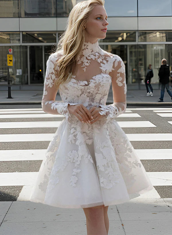 Charming Short Wedding Dress Illusion Applique High Neck and Long Sleeves A-Line Knee-Length Bridal Civil wih Button Gowns