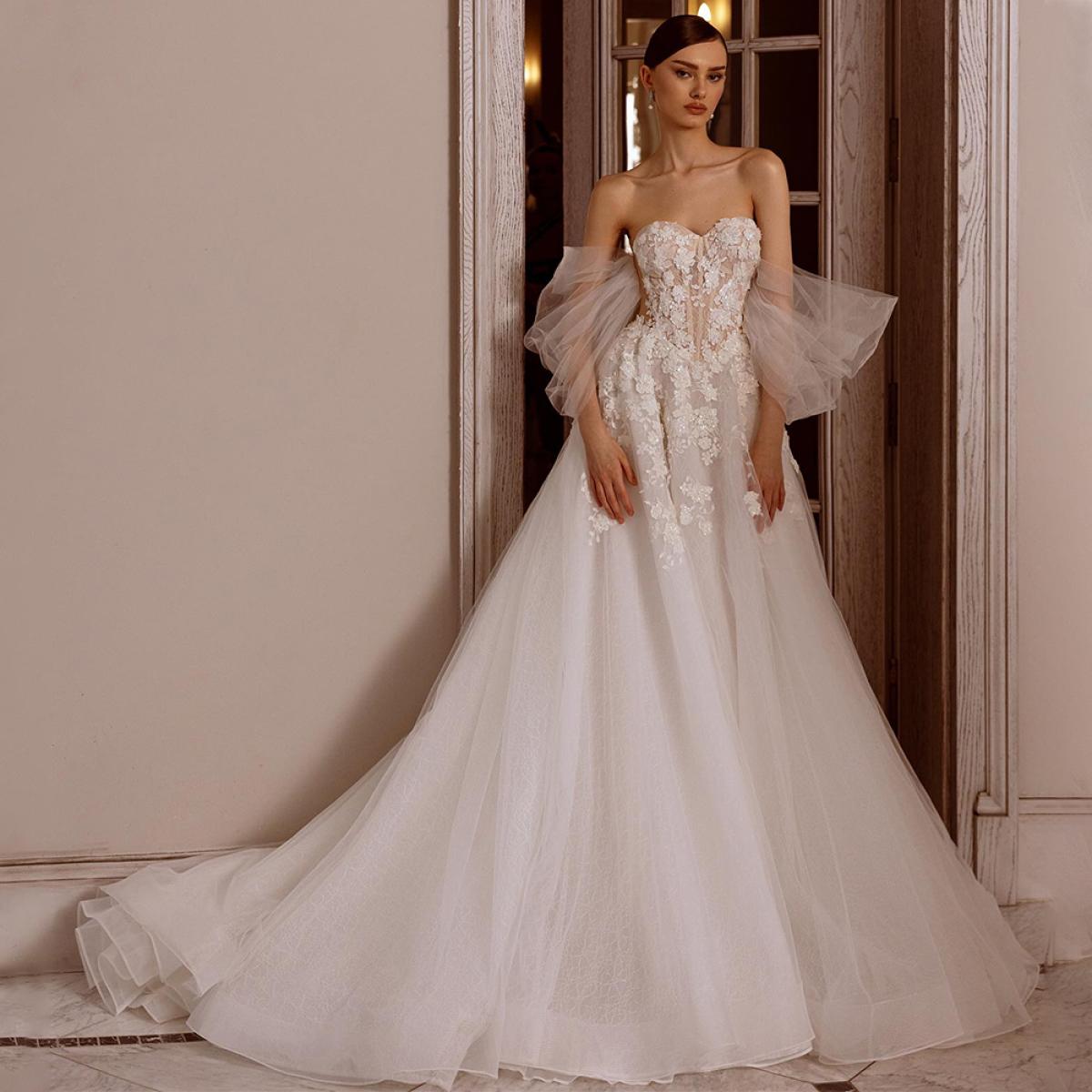 فساتين الزفاف الرائعة من A-Line Tulle Tiered Bridal Gowns Lace Appliques Off The Foulder Ropes Vintidos De Novia