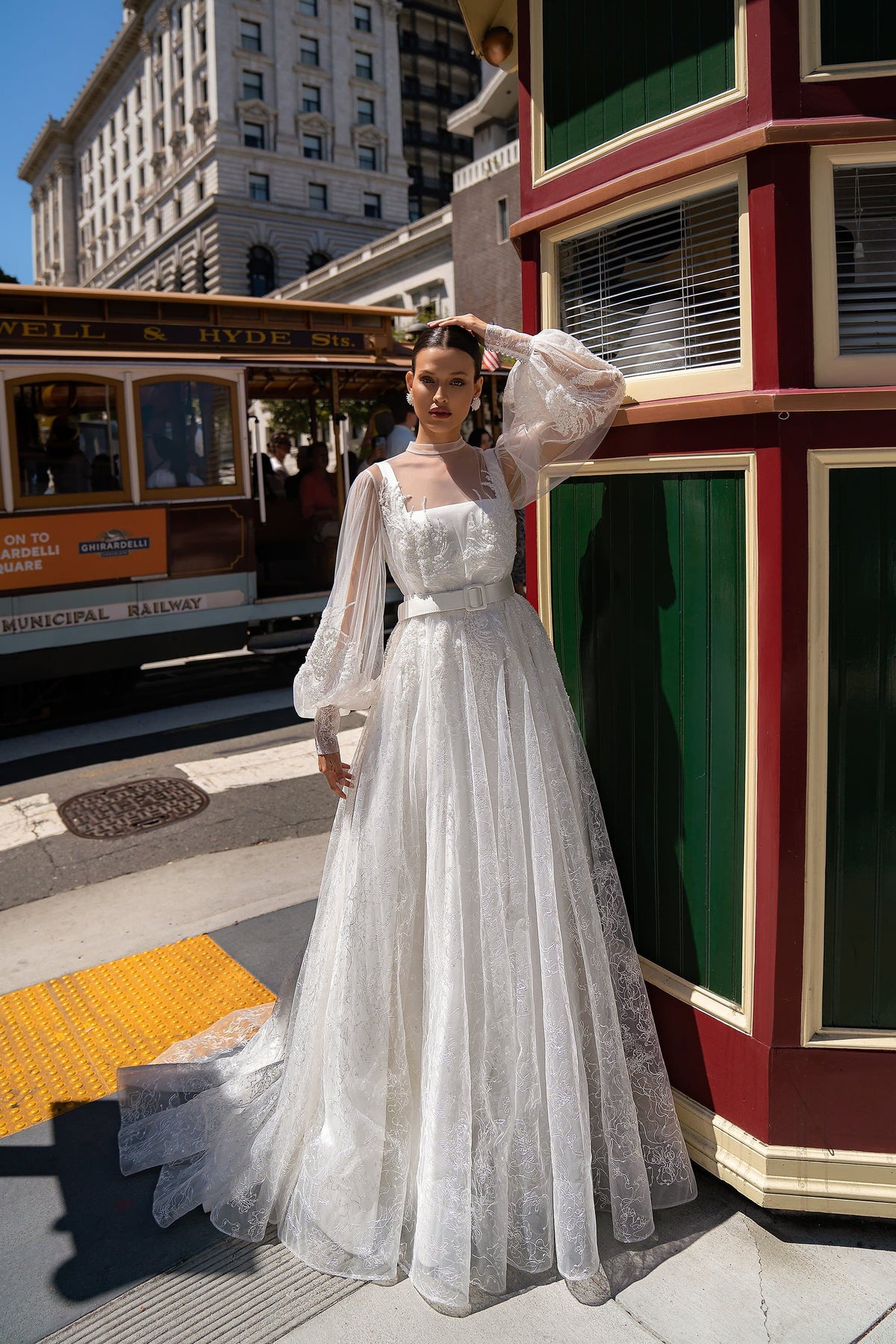 Robe De mariée longue en Satin, deux voies, ligne A, avec ceinture, manches longues lanterne, robes De mariée modernes 