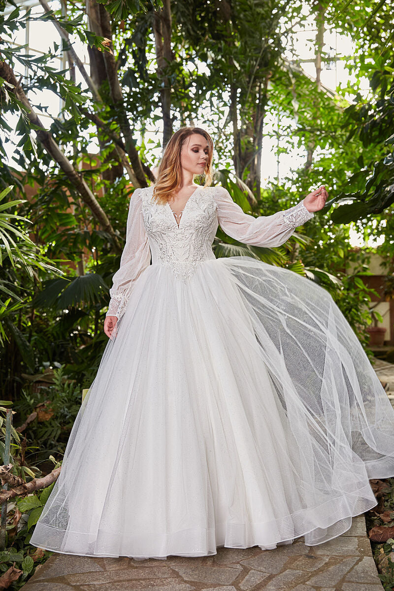 JEHETH Princess Wedding Dress For Woman Long Sleeves V-Neck Lace Up Bride Gowns Tulle A-Line Modern Plus Size vestidos de novia
