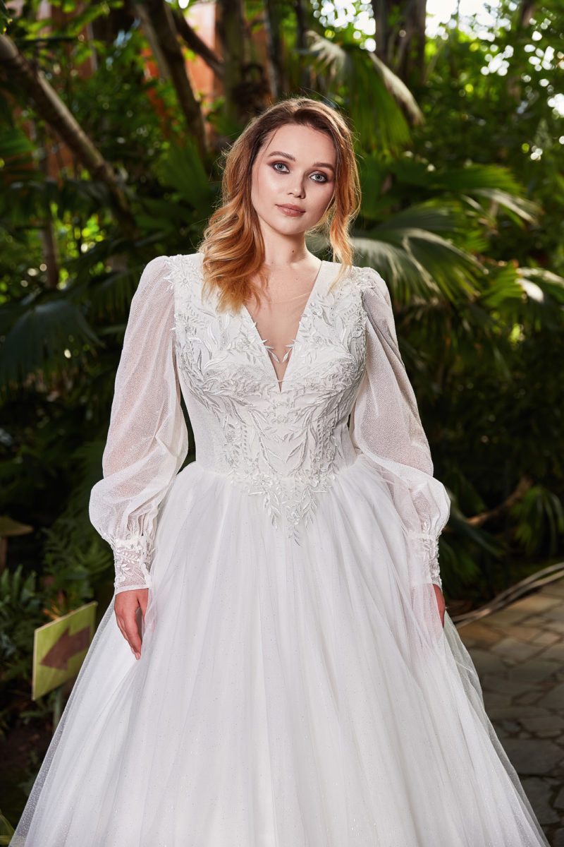 JEHETH Vestido de novia de Princesa para mujer, manga larga, cuello en V, vestidos de novia con cordones, tul, corte en A, vestidos de novia modernos de talla grande 