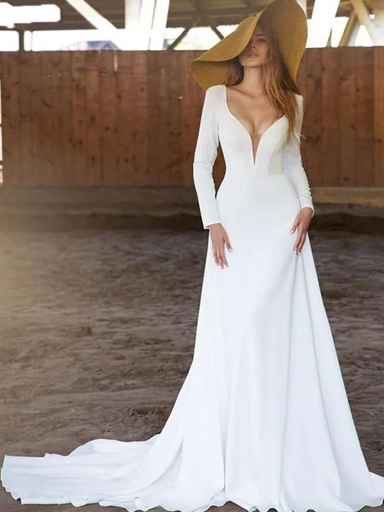 Vestidos De novia sencillos De manga larga, vestido De novia Sexy con escote en V profundo, Espalda descubierta, tren De barrido, bata Civil, matrimonio campestre