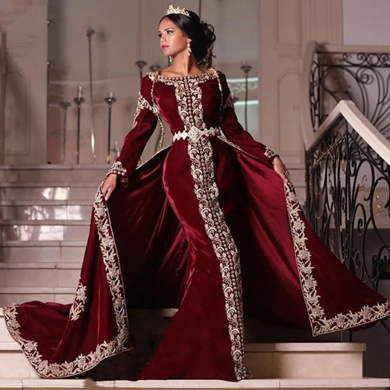 Caftan 2-teiliger Meerjungfrau Abendkleid Velvet Algerianische Besonderheit Kleider Kleider Spitzen Applikationen Abendpartykleider