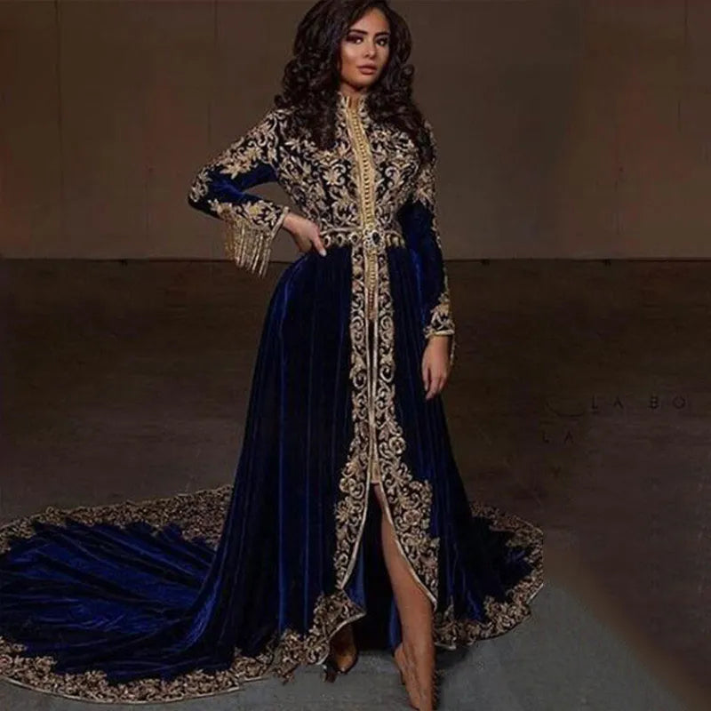 Caftan Karakou Algerien formelle Abendkleider Langarm hoher Samt Gold Spitze Peplum Evening Kleid