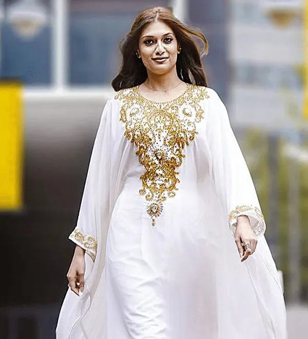 Abiti da sera musulmani in chiffon bianco con paillettes oro in rilievo Dubai Moroccan Kaftan Gowns Women Abaya Prom Party Dress