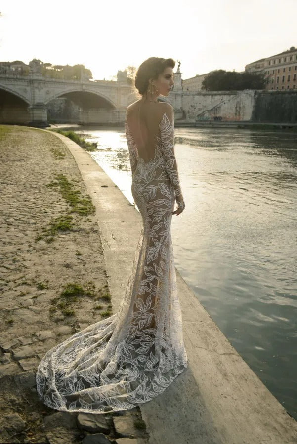 Vestido de noiva de sereia boho sweethear fora de ombro mangas compridas ilusão de tule sem costas Apliques de festas de praia para noiva