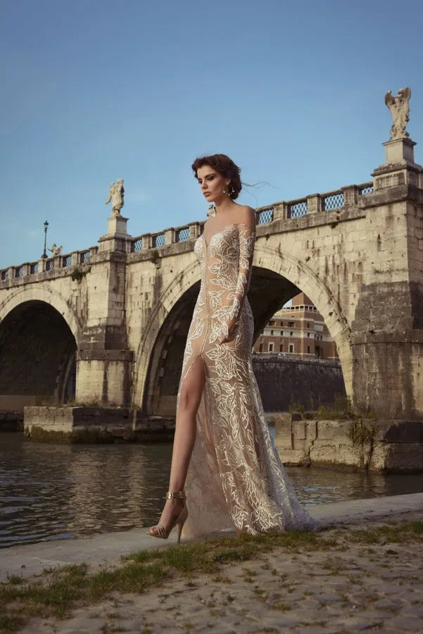 Vestido de novia bohemio de sirena con hombros descubiertos, manga larga, ilusión, Espalda descubierta, apliques de tul, vestido de fiesta en la playa para novia 