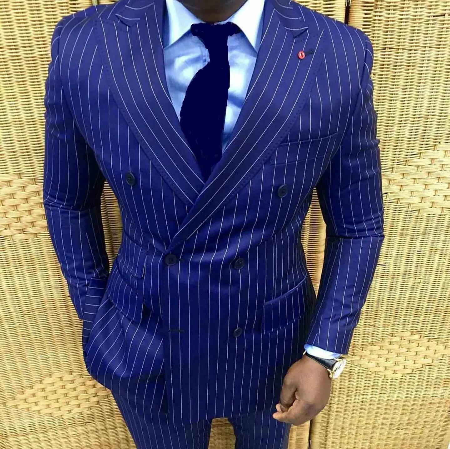 Blue Stripe Groom Tuxedos Double Breasted Best Man Suits Peak Lapel Groomsmen Wedding Suit Jacket with Pants Stylish Design