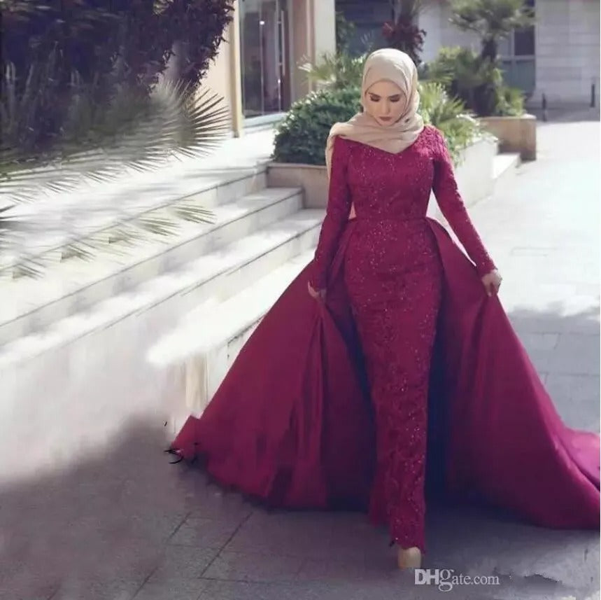 Mermaid Muslim Wedding dress Detachable tail sweetheart appliques lace Long sleeve Bridal Dresses Robe De Mariee