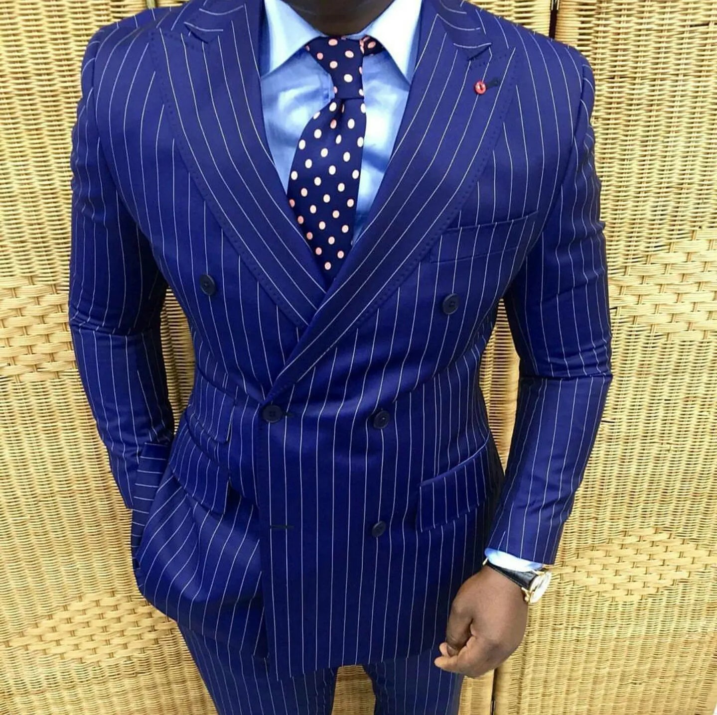 Blue Stripe Groom Tuxedos Double Breasted Best Man Suits Peak Lapel Groomsmen Wedding Suit Jacket with Pants Stylish Design