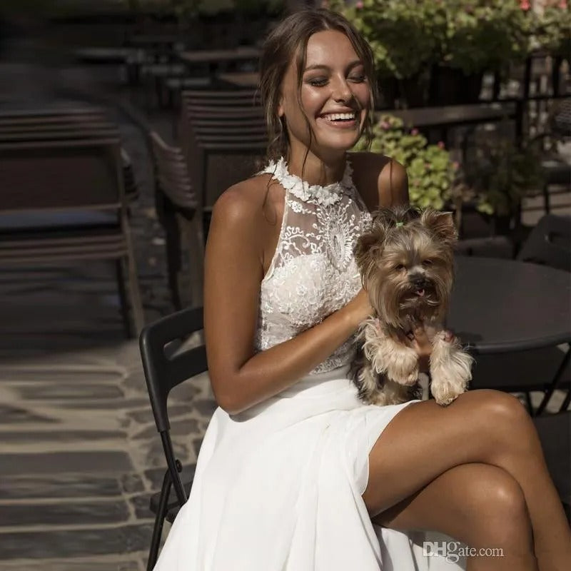 Vestidos de novia de gasa bohemios perfectos para mujer, vestidos de novia sencillos con cuello redondo y espalda descubierta, vestidos de novia de línea a, vestidos de playa hechos a medida 