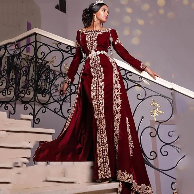 Caftan 2-teiliger Meerjungfrau Abendkleid Velvet Algerianische Besonderheit Kleider Kleider Spitzen Applikationen Abendpartykleider