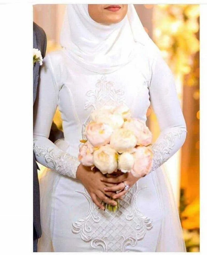 Vestidos De novia musulmanes Hijab elegantes, bata De encaje De mariée, vestido De novia De sirena De manga larga, vestidos De novia largos con tren