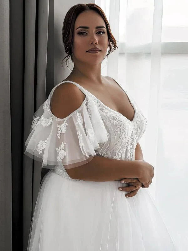 Plus Size Women Hochzeitskleid V-Ausschnitt kurze Ärmel benutzerdefinierte Schnürfleisch- oder Reißverschluss-Korsett-Spitzen-Applikationen Neue A-Line-Tüll-Brautkleider