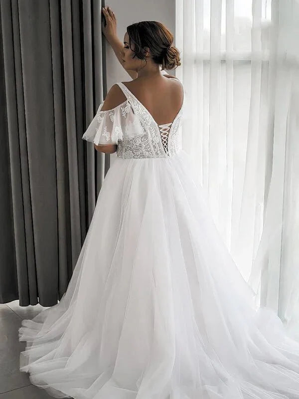 Robe de mariée grande taille pour femmes, col en v, manches courtes, Corset personnalisé à lacets ou fermeture éclair, avec des Appliques en dentelle, ligne a, en Tulle, nouvelle collection 