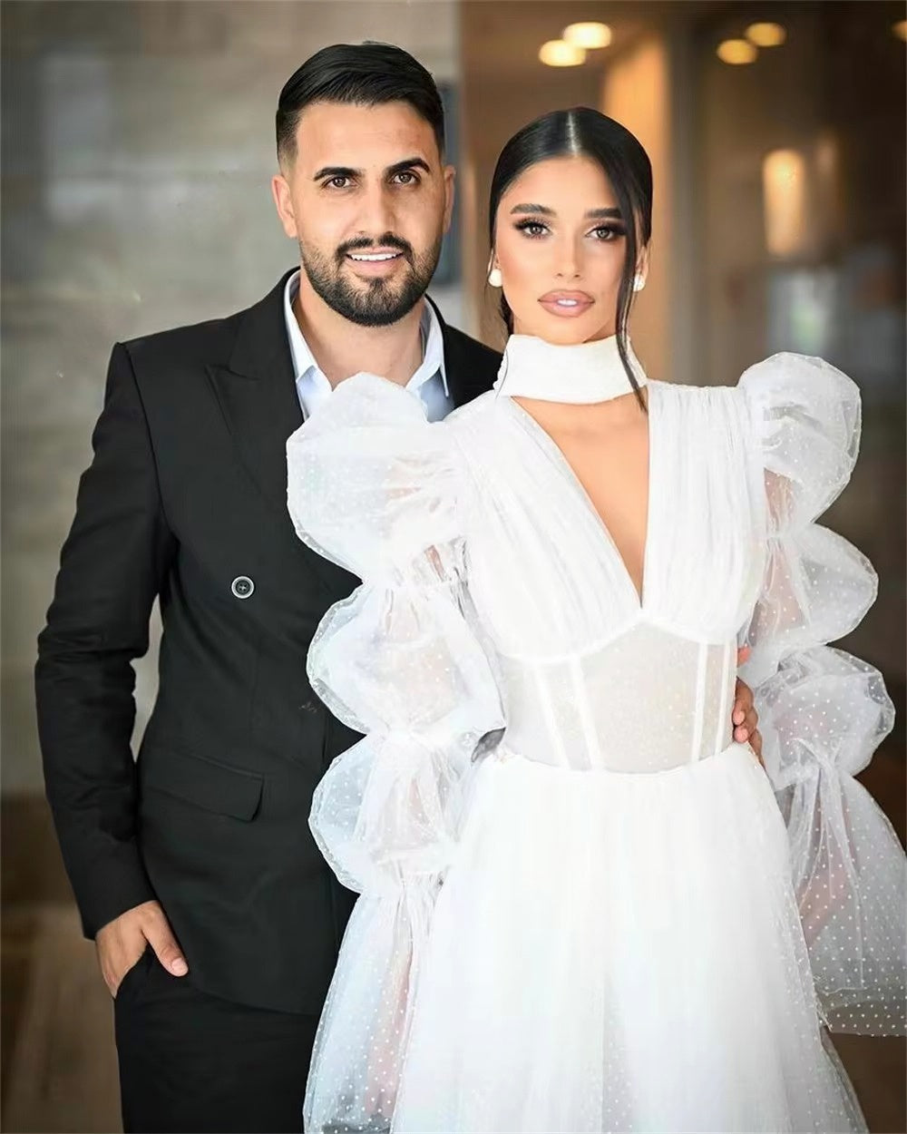 Qanz Boho vestidos De novia De tul mangas abullonadas largas una línea ilusión vestidos De novia cuello en V corsé espalda batas De boda elegante 