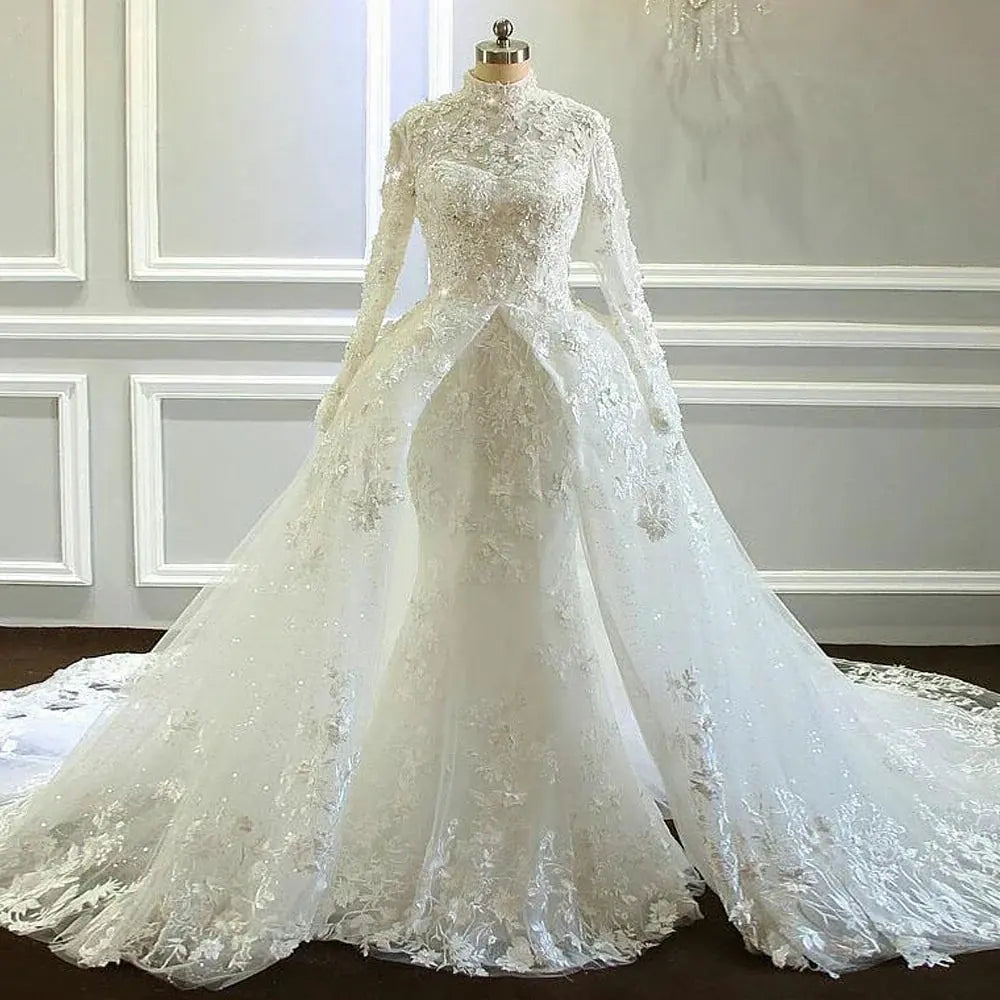 Märchenhafte Meerjungfrau Brautkleid für Frauen hohe Neck-Spitzen-Applikationen Glitzer Tüll Vestido de Casamento Custom gemacht