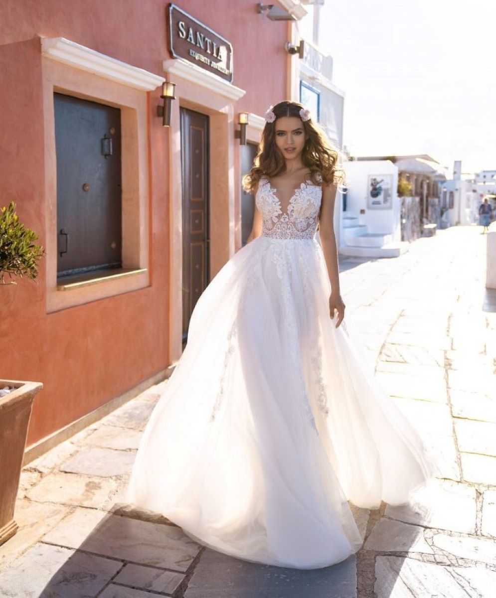 En venta, encantadores vestidos de novia de encaje sin espalda, sin mangas, escote en V, vestidos de boda con apliques para novia, tren de barrido 