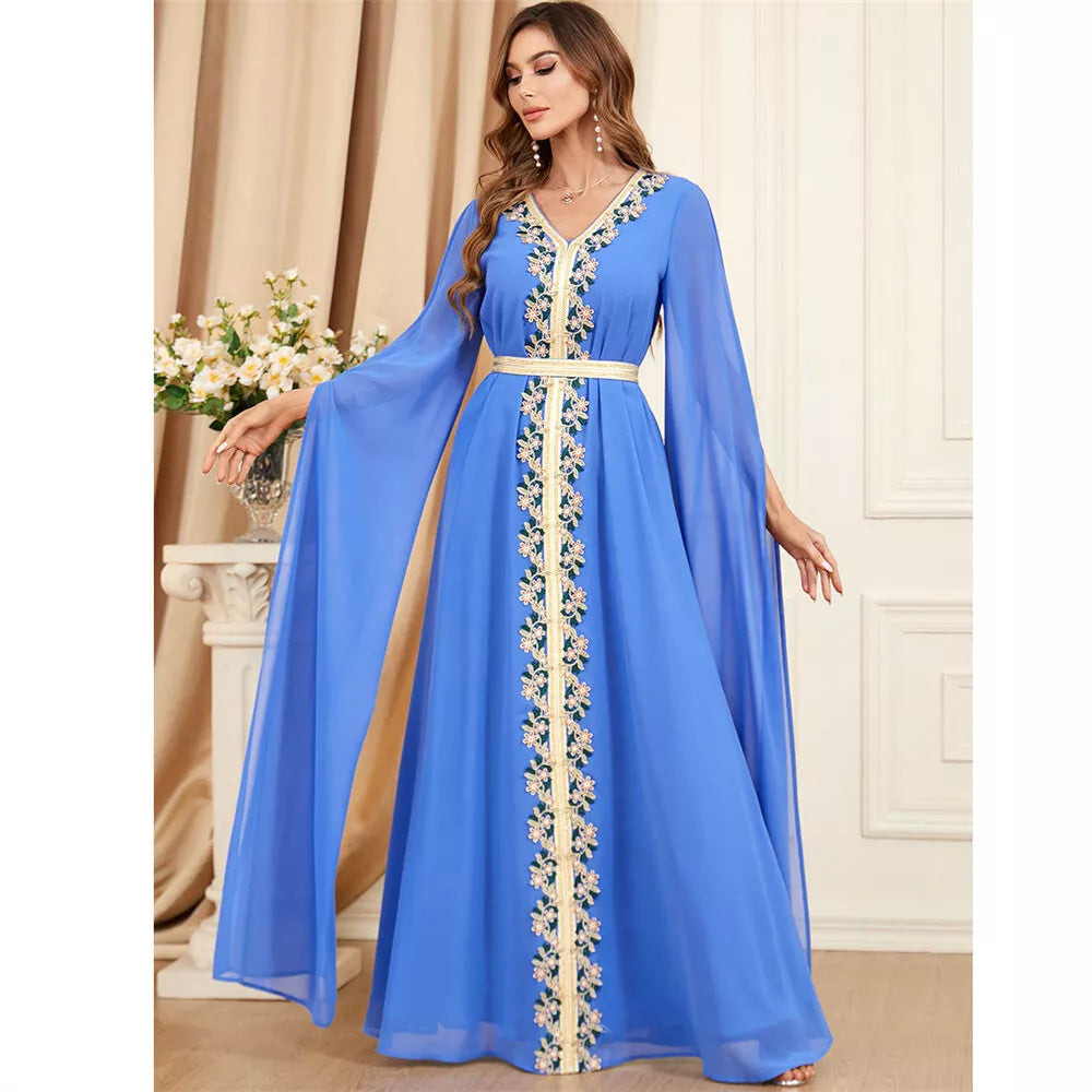 Vestido muçulmano 2023 Dubai Caftan Women Basic Solid Lace Tape Super Mangas Full Sashes Vanhoras V Marroquino Islã Abaya