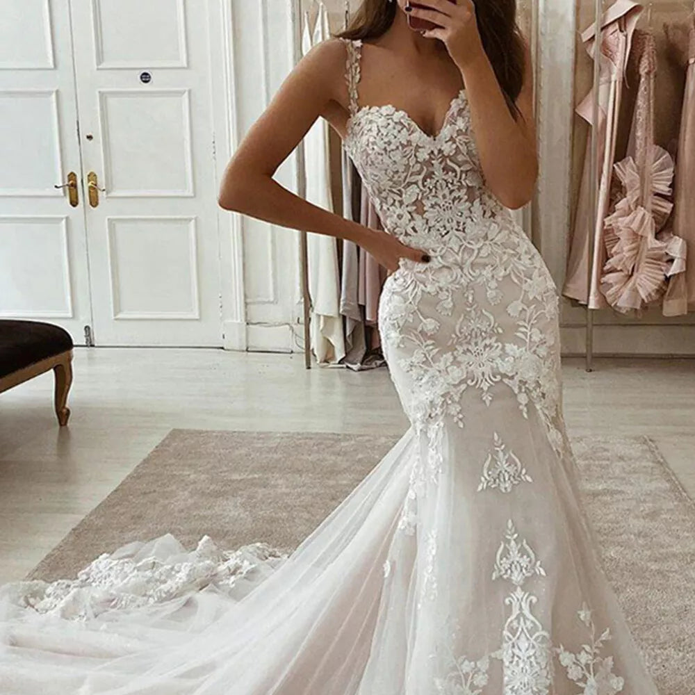 Vestido De Novia largo De sirena De encaje para Novia, Vestidos De Novia con tirantes finos, Vestidos De Novia con cola De corte 