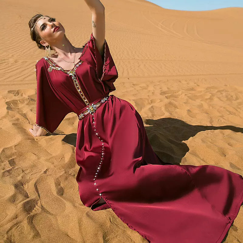 Vestidos de fiesta de noche Diamantes cosidos a mano fuera de los hombros Abayas con cinturón Mujeres saudíes marroquíes Kaftan Ropa islámica