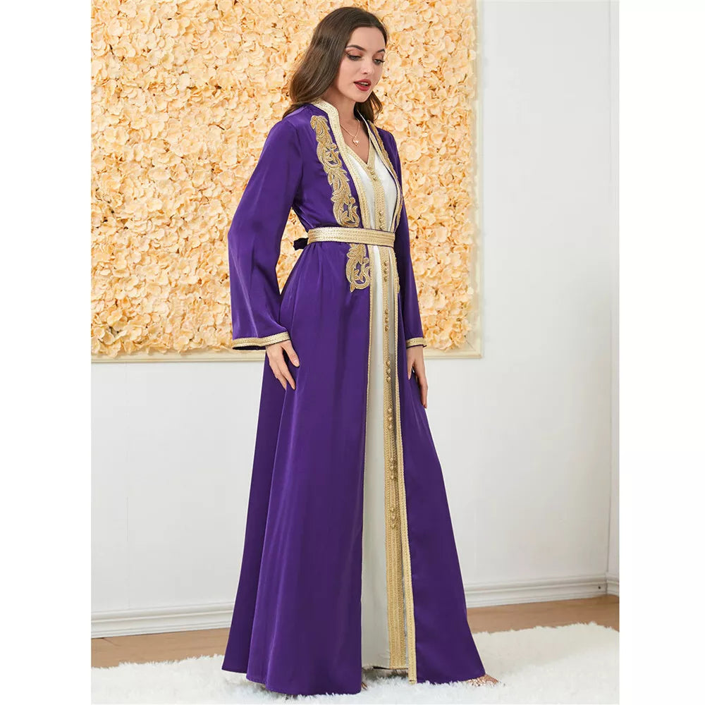 Moda muçulmana de duas peças Jilbab Robe Apliques Winter abaya e colete de vestido comprido sobregarents islâmicos mulheres marroquinas caftan