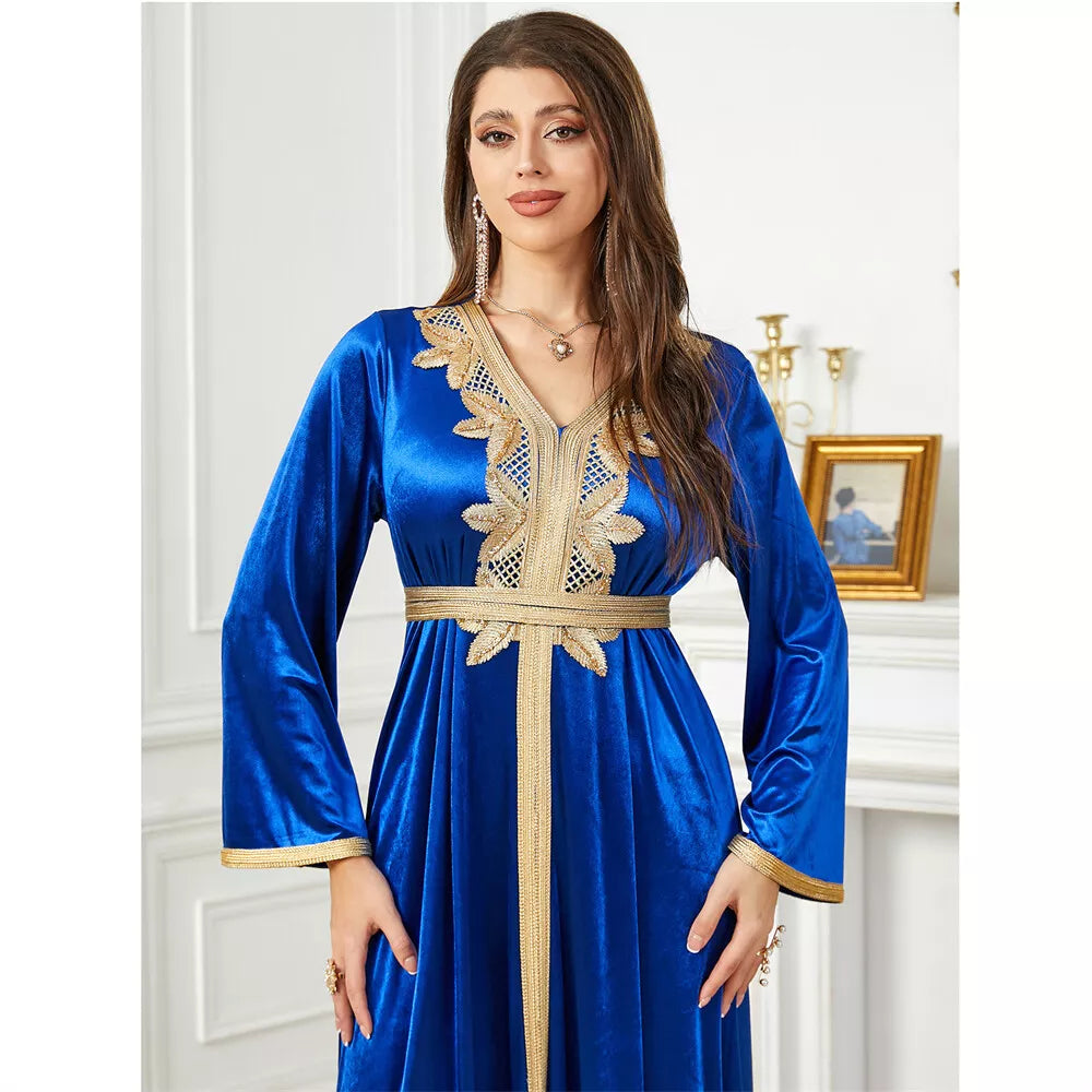 فستان سهرة خريفي مخملي شتوي صلب جلابيات سعودي سعودي بأكمام طويلة بحزام V-Neck أفريقي مغربي عباية