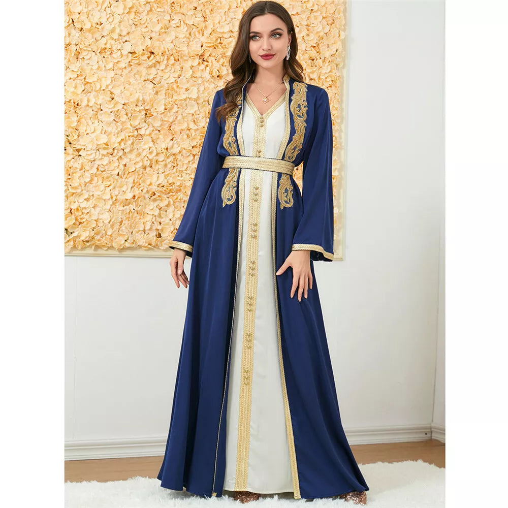 Mode musulmane deux pièces Jilbab Robe Appliques hiver Abaya et gilet Robe longue survêtements femmes islamiques Caftan marocain