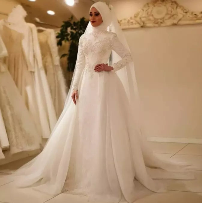 NEU VESTIDO DE NOVA Elegant Langarm O Hals Muslim Brautkleider Tüll Reißverschluss Rücken Spitze Islamische Hochzeitskleider