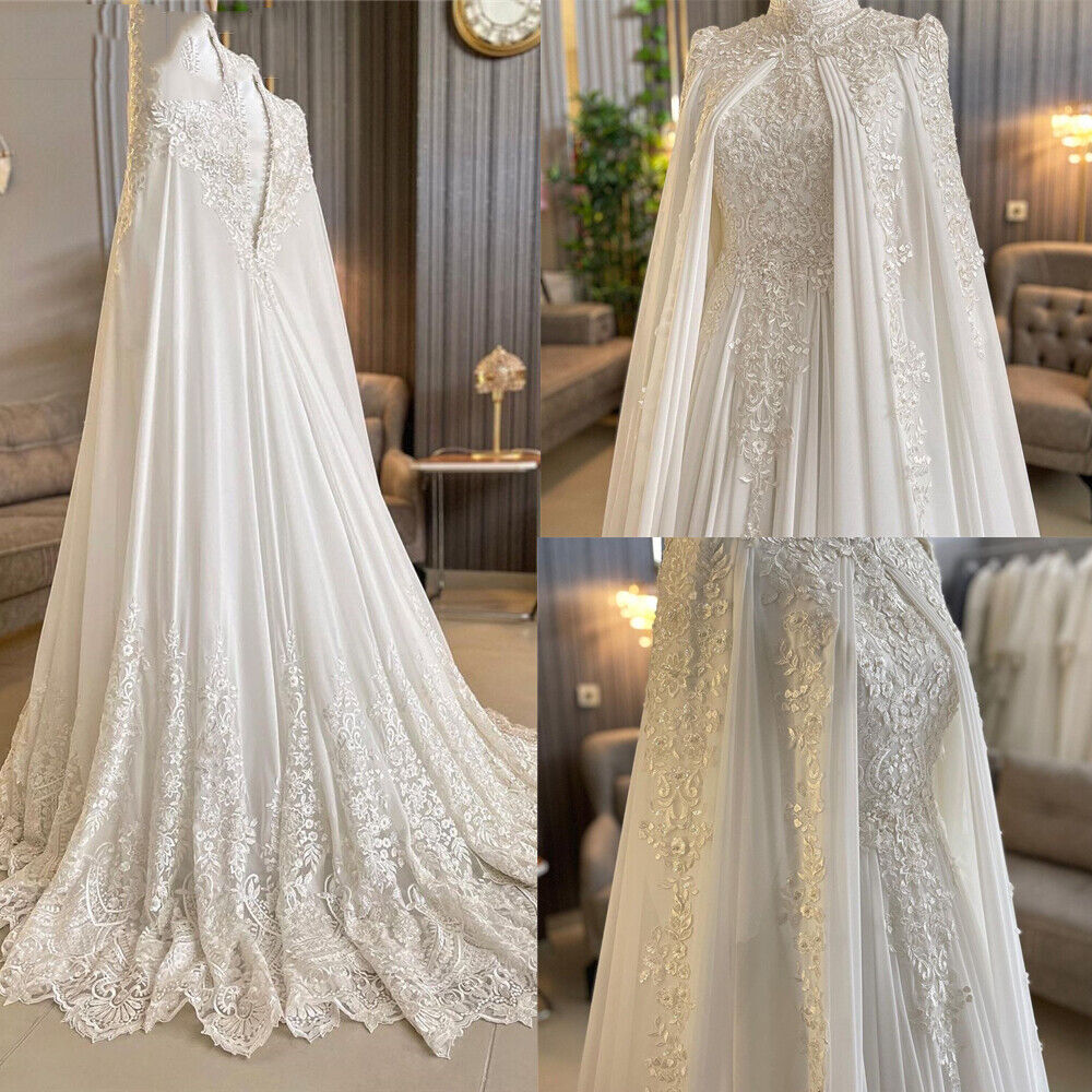 Chiffon Princess Muslims Wedding Dress for Wedding with Cape Lace Appliques Country Western Bridal Gowns Robe De Mariage