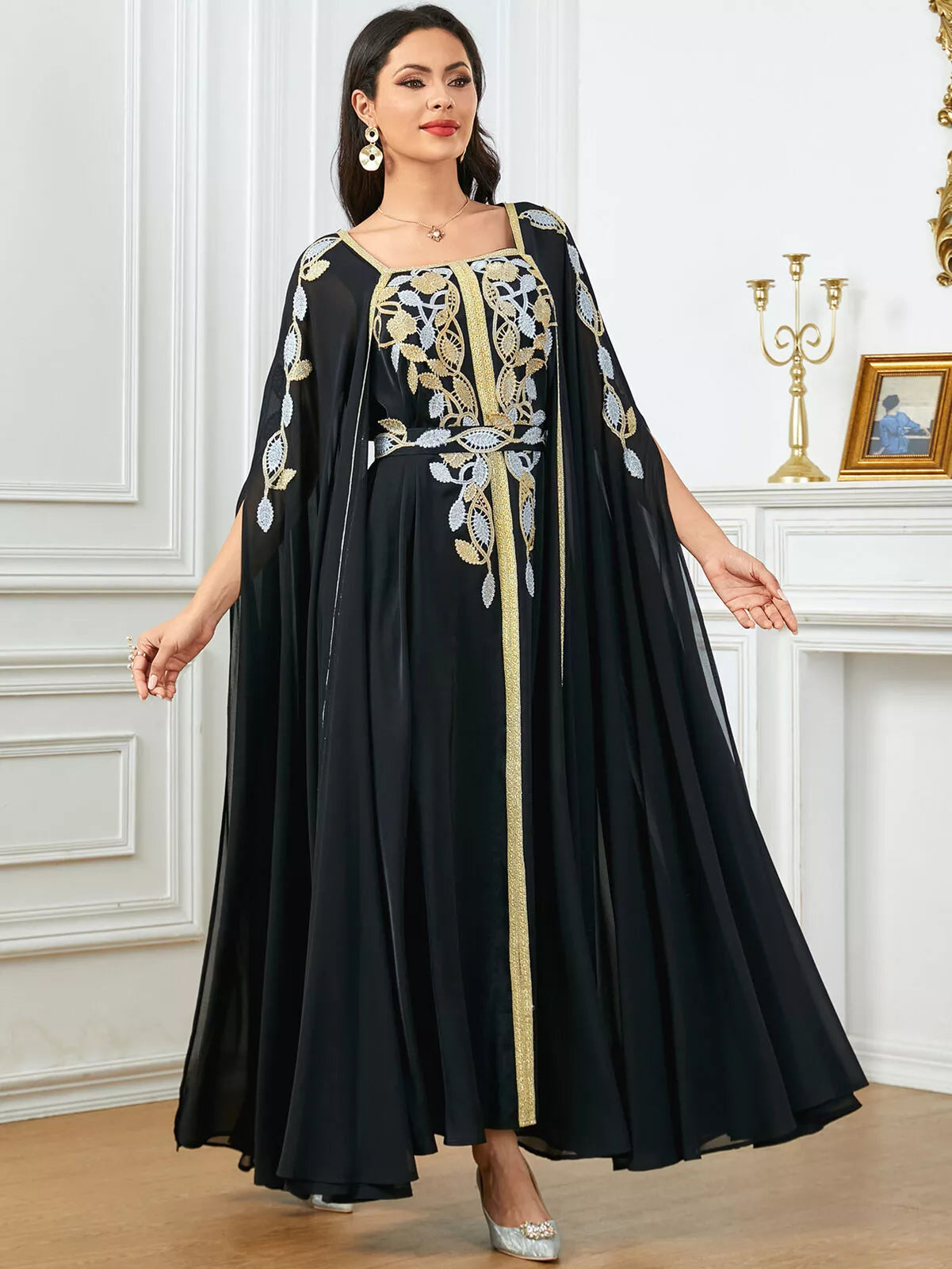 Elegante vestido de festa de manga super longa e casual Apliques sauditas de cais vestidos com cinto de Kaftan África Africana Turca