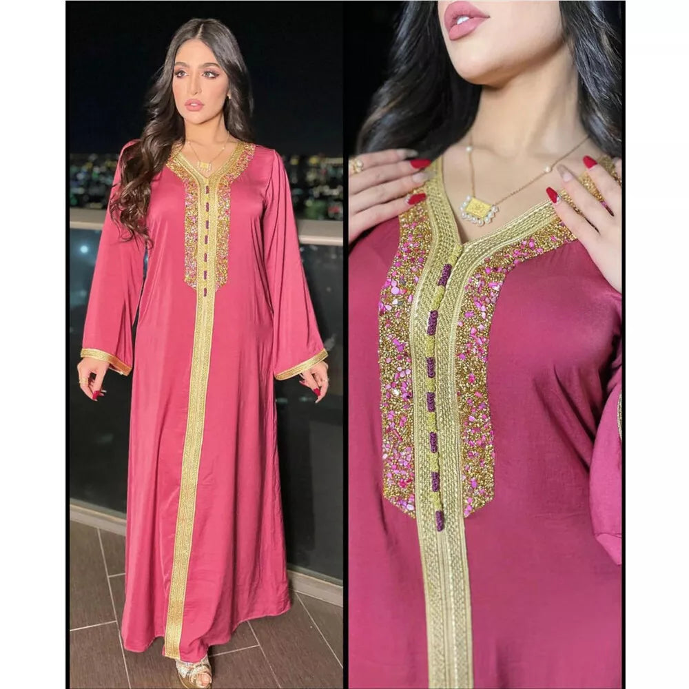 Ramadan Eid Pink Maxi Dress For Women Modest Muslim Turkey Arabic Dubai Diamond Ribbon V Neck Long Sleeve Jalabiya 2021