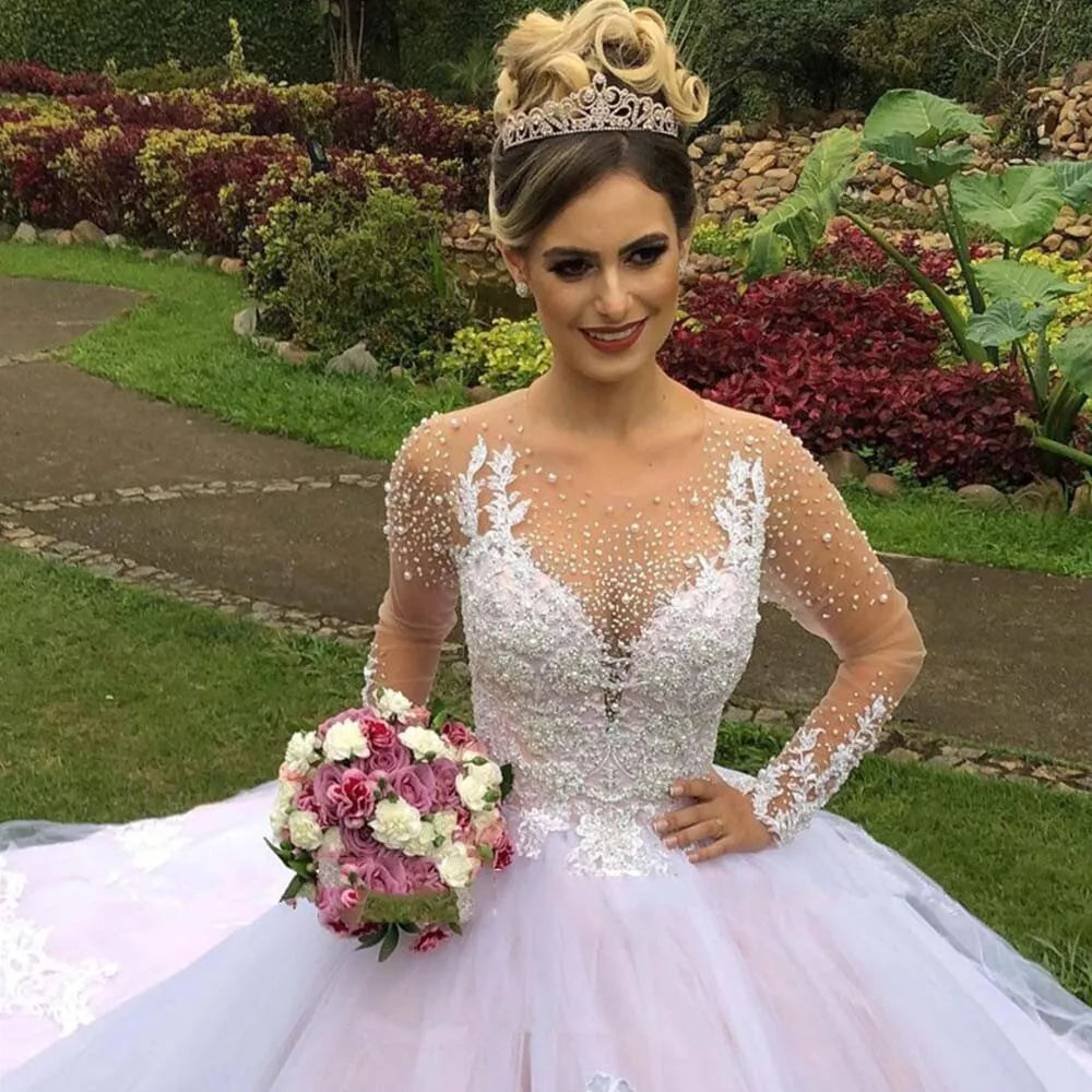 Vestidos de novia de princesa rosa, vestido de novia con apliques de encaje y perlas, vestidos de novia de jardín de manga larga con cuello transparente 