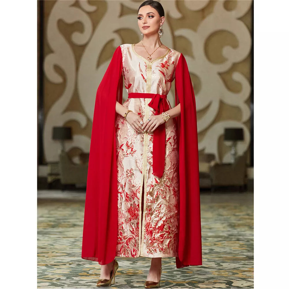 Fashion Dubai Royal Caftan Women Chic Printing Super Full Sleeves V-Ausschnitt Gürtelkleidung Abend lange Kleider elegant