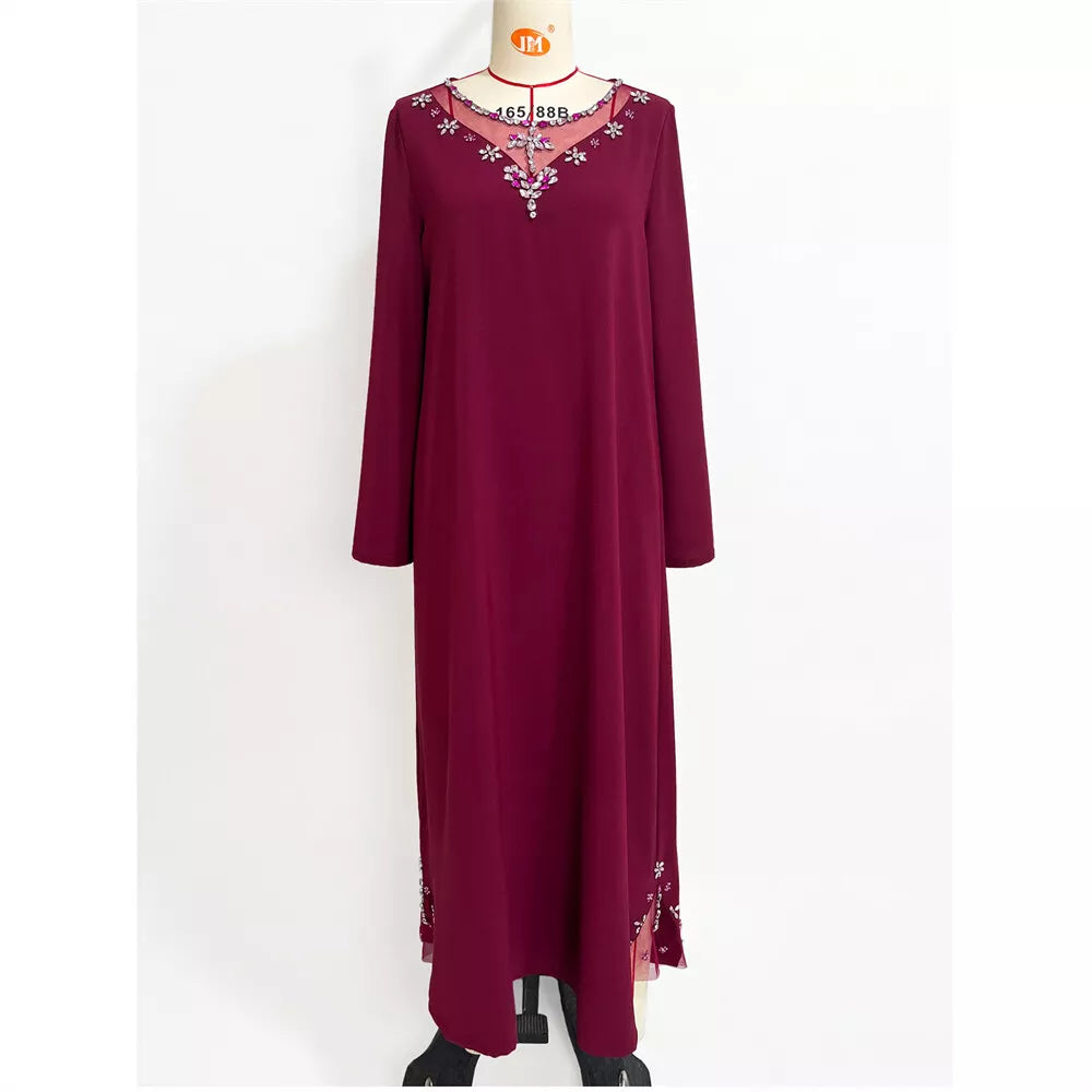 Pure Handwork Rhinestone Red Long Dress For Muslim Women Chic Hollow Out Full Sleeve Belted Dubai Moroccan Robe